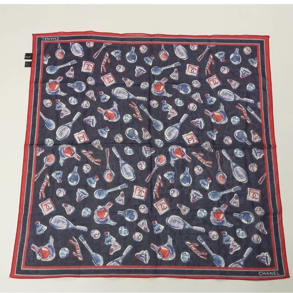 Chanel Vintage Scarf w/ CC & Chanel logos with tennis & bat gamin print